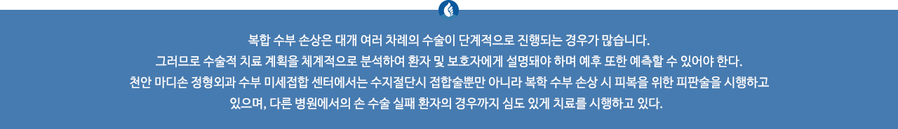 복합 수부 손상은 대개 여러 차례의 수술이 단계적으로 진행되는 경우가 많습니다. 그러므로 수술적 치료 계획을 체계적으로 분석하여 환자 및 보호자에게 설명돼야 하며 예후 또한 예측할 수 있어야 한다. 천안 마디손 정형외과 수부 미세접합 센터에서는 수지절단시 접합술뿐만 아니라 복학 수부 손상 시 피복을 위한 피판술을 시행하고 있으며, 다른 병원에서의 손 수술 실패 환자의 경우까지 심도 있게 치료를 시행하고 있다.